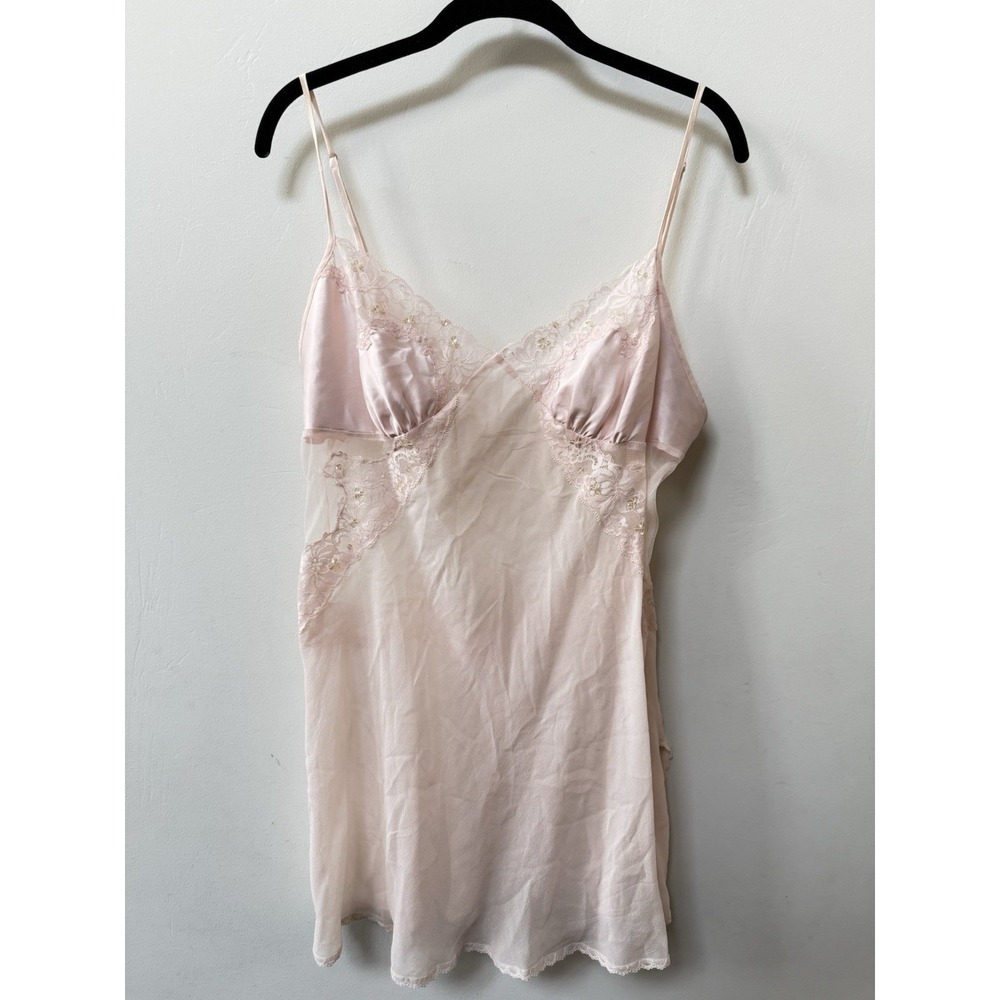 Victoria's Secret Pink Nylon Floral Sheer Lace Babydoll Slip Dress Top Size L